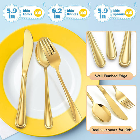 12-Piece Gold Kids Silverware Set, E-far Stainless Steel Toddler Utensils Safe for Preschooler/Children, Includes 4
