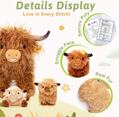 OUOZZZ 14.5" 4 3 Highland Cow Stuffed Animal Large Realistic Fluffy Cow Plush Toy with Baby Calves Travel-Friendly