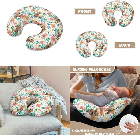 Sarogrorin Highland Cow Floral Baby Nest Pillow Cover Colorful Flowers Babies Infant Lounger Cover Green Foliage Baby