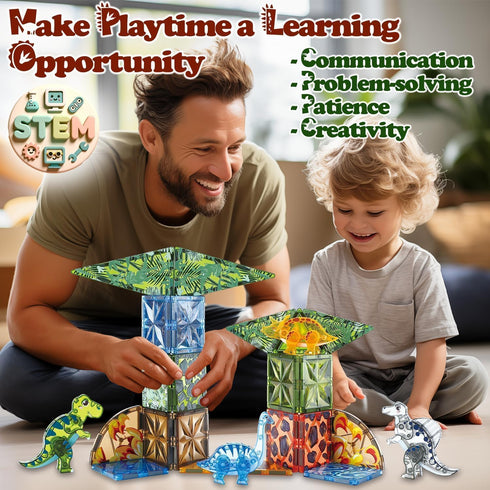 Magnetic Tiles Dinosaur Toys for Kids 3-5, Magnet Building Blocks for Boys Ages 2-4, Educational for Toddlers 1-3, STEM
