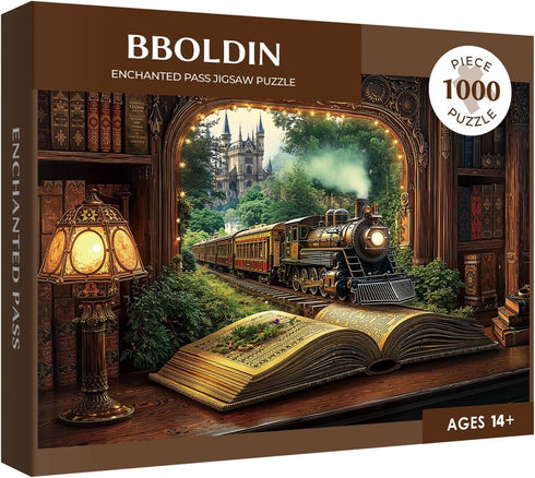 BBOLDIN 1000 Train Forest Book Puzzle Pieces for Adults, Magic Vintage Plant Jigsaw Puzzles Castle, Fantasy Bookshelf