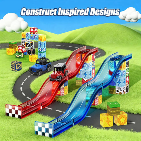 Set, 52PCS 2 3 4 5 6 7 8, Magnetic Tiles Race Track STEM Educational Magnetic Building Blocks with Race Cars