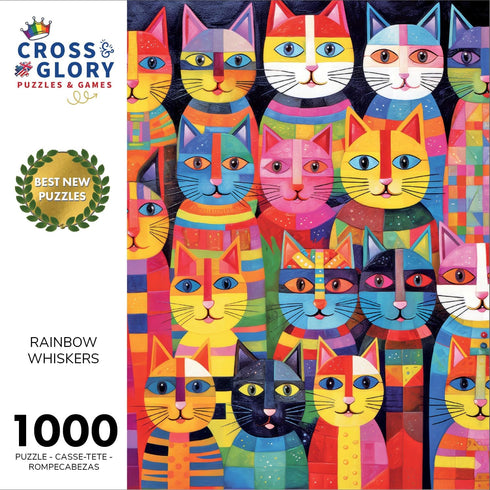 Cross & Glory Puzzles: Rainbow Whiskers - Whimsical Cat 1000 Piece Jigsaw Puzzle for Adults, Eco-Friendly, with Satin Finish for Reduced Glare