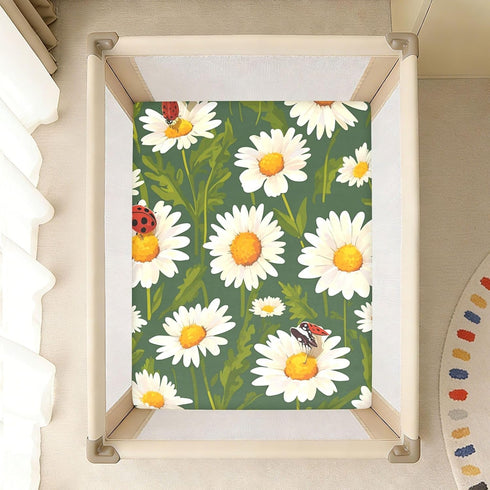 Bseiialft 52 28 Daisies Green Leaves Ladybugs Crib Sheets for Boys Girls Soft and Breathable Cotton Baby Sheets