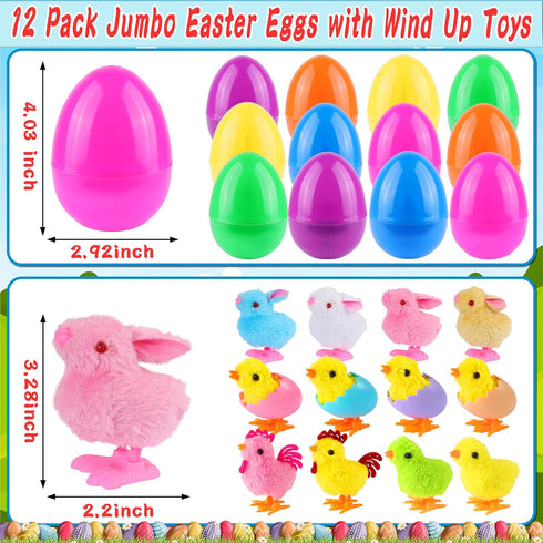 12 Pack Grastfu Jumbo Easter Eggs Filled Wind Up Toys, Colorful Plastic Egg with Wind Up Jumping Chicks Bunny Plush