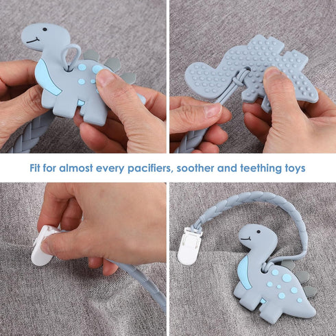 Stylish Silicone Pacifier Clips 4-Pack for Baby Boys and Girls, Woven Rope Design for Teething Relief, Grey
