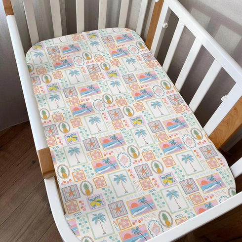 Summer 52x28In 2 Pack Bright Beach Girly Baby Crib Sheets for Girl Tropical Lemon Palm Tree Seashells Soft Snug Fitted