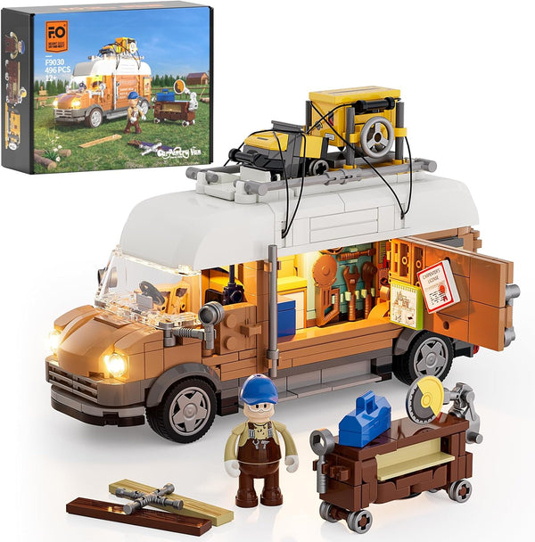 FUNWHOLE Carpentry Van Lighting Building-Bricks Set, 496 Pcs Farm Woodworker Car Collectible Display for Adults