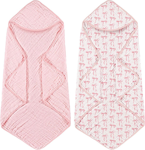 Hahafelt 2 Pcs Pink Bow Baby Hooded Towels for Newborn 100% Muslin Cotton