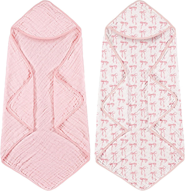 Hahafelt 2 Pcs Pink Bow Baby Hooded Towels for Newborn 100% Muslin Cotton