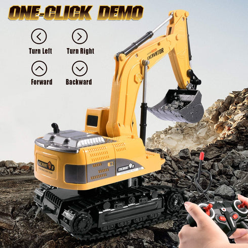 Remote Control Excavator Toy - RC Construction Metal Shovel Digger with Lights Sounds, 360 Rotation for Ages 3-10