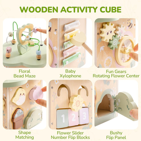 7 1+ ROBUD Wooden Activity Cube, Educational Wooden Toys with Functional Areas, Montessori Toys for Year Old Boys
