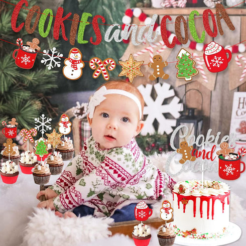 Cookies and Cocoa Party Decorations, Cookies and Cocoa Banner Snowflake Snowman Gingerbread Man Garland Cake Topper