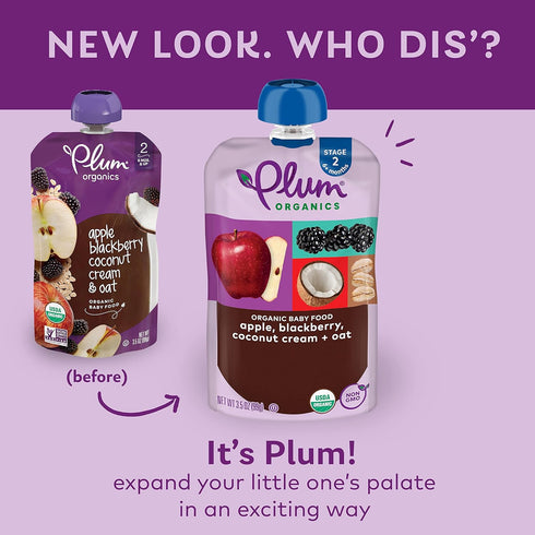 Plum Organics Stage 2 Organic Baby Food - Apple, Blackberry, Coconut Cream, and Oat - 3.5 oz Pouch (Pack of 12) - Organic Fruit and Vegetable Baby Food Pouch
