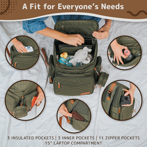Backpack 15 Large Diaper Bag for Mom & Dad | Unisex Baby Travel Bag | Pockets | Changing Pad | Stroller Straps |