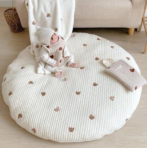 MOJUN 33.5" Baby White Bear Embroidered Play Mat, Cotton Crawling Mat, Detachable Washable Floor Rug Soft Kids Room