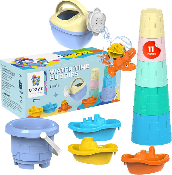 Water Time Buddies 11pcs Toddler Water Toy Set with Watering Can, Boats,