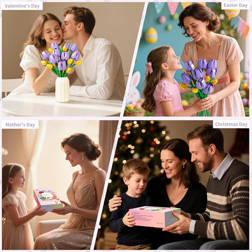 Sets Sawaruita Purple Tulips Bouquet Building Block for Adult Woman-Botanical Collection with Vase, Home Decor Gifts