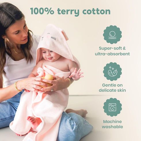 Set 100% (33" 33") CuddleBug Premium Hooded Baby Bath Towel & Washcloth (Bear) - Cotton Terrycloth Hooded Baby Towels