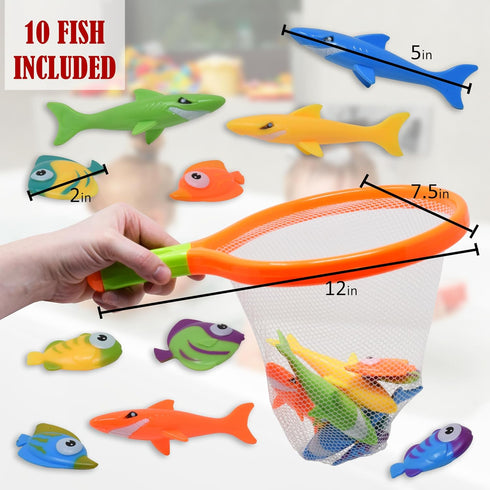 Bath Toy Fishing Net for Kids | Dive Game with 4 Sharks & 6 Multicolored Sinking Fish