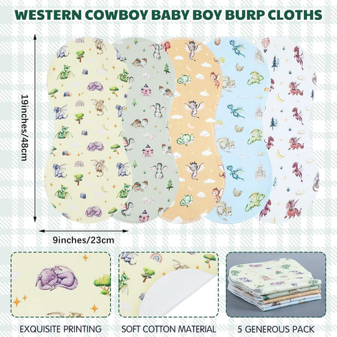 5 Pack 19"x9" Set SmoothNovelty Watercolor Dragon Pattern Baby Burp Cloths Soft Absorbent Burping Rags for Newborns