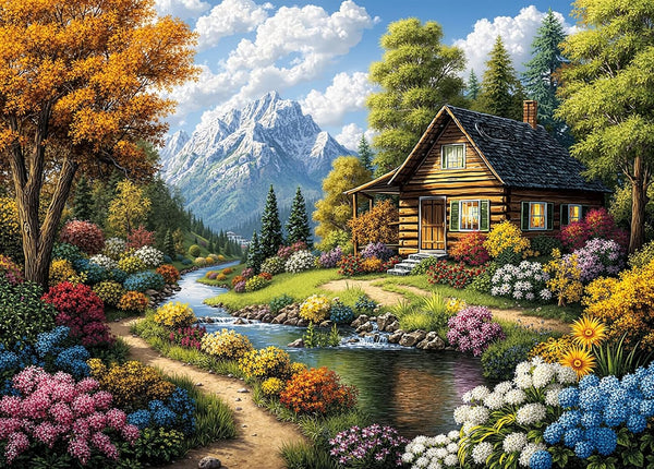 1000 Piece Jigsaw Puzzle for Adults, Mountain Cabin Landscape with Stream &