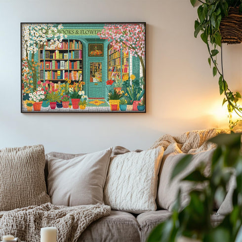 PICKFORU 1000 Book Jigsaw Puzzles Pieces, Spring Flowers Bookstore Puzzles for Adults, Blooming Bookshelf Puzzle as