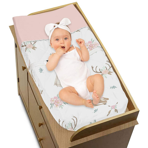 Blush Pink, Mint Green & White Woodland Deer Floral Changing Pad Cover by Sweet Jojo Designs