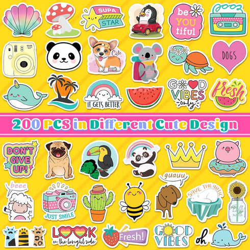 Cute Stickers Bulk 200Pcs - Vsco Waterproof Stickers for Hydroflasks, Decals for Kids, Scrapbook Packs for Teens