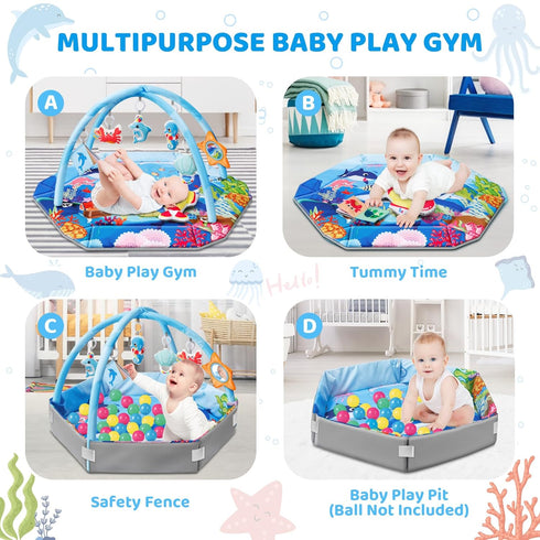 8-in-1 Tummy 0-3-6-9-12-18 Baby Gym Play Mat, Ocean Theme Time Mat & Ball Pit, Washable Baby Activity Play Mat
