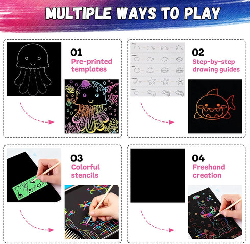 100 4-8 8-12 Scratch Art for Kids, Funtopia Sheets Rainbow Scratch Paper, Black Scratch Off Paper Craft Kits, School