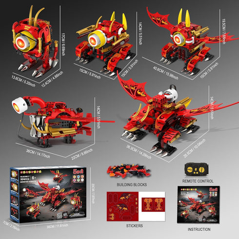 5-in-1 6 5 354PCS Set 8-12 HOGOKIDS Dragon Robot Building Toys with Lighting Colors & Light Effects - Remote & App