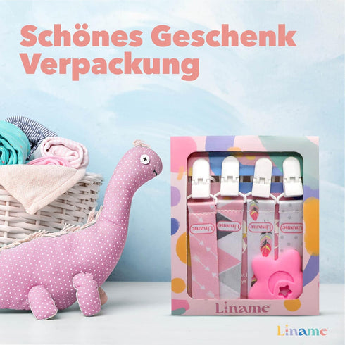 Liname Neutral Pacifier Clip with Teething Toy - 4 Pack Clips for Boys & Girls, Binky Holder Soothie Paci Clip
