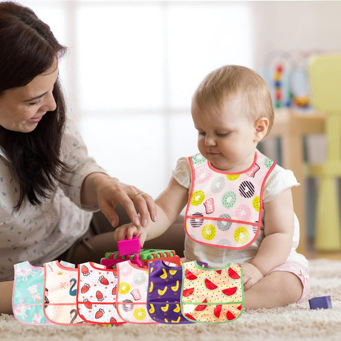 6Pcs Baby Feeding Bibs, Waterproof Toddler Bib Set with Crumb Catcher Pocket for 6-24 Months