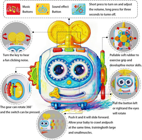 MoraBaby 1-3 6-in-1 Tummy Robot Musical Busy Cube for Toddlers Years Old, Montessori Activity Cube with Lights