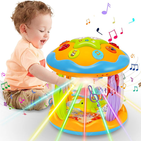 Musical Rotating Light Up Infant Toys, Early Learning Baby Crawling Drum Toy, Tummy Time Educational Gifts for 1-3 Years