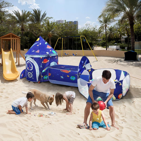 TTLOJ Gift 3pc Rocket Ship Kids Play Tent, Ball Pit, Crawl Tunnel, Toddlers Playhouse Castle Toys