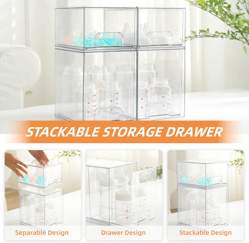 4 Pack Countertop Baby Bottle Organizer, Bottle Storage Organizer Baby with Labels, Clear Stackable Storage Drawers