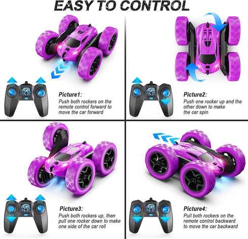 2.4 360 6 7 8 9 10 11 12 QUNREDA RC Cars, Purple Remote Control Car for Girls, GHZ Double Sided RC Stunt Car Rotating