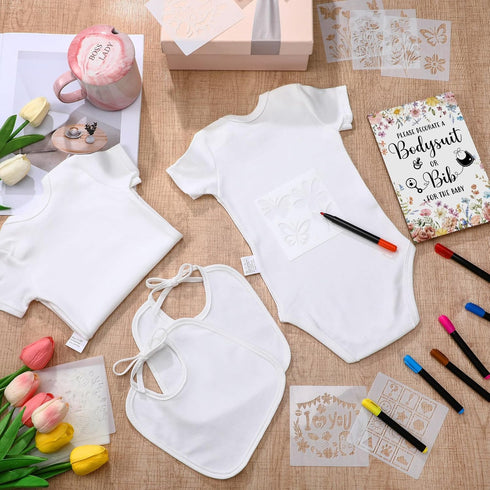 Chuarry 43 8 8 2 10 16 Pcs DIY Bibs Decorating Kit Bodysuits Pcs Ply White Bibs Fabric Markers Stencils Baby Shower