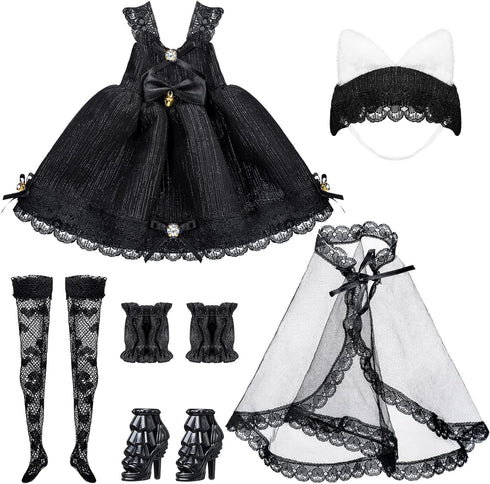 6 Pcs Gothic Doll Clothes & Accessories, 11.81'' Black Outfits, Wedding Tutu Ballet Dress for Girl Doll Party
