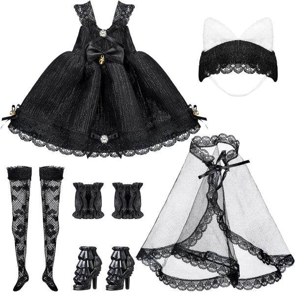6 Pcs Gothic Doll Clothes & Accessories, 11.81'' Black Outfits, Wedding Tutu Ballet Dress for Girl Doll Party