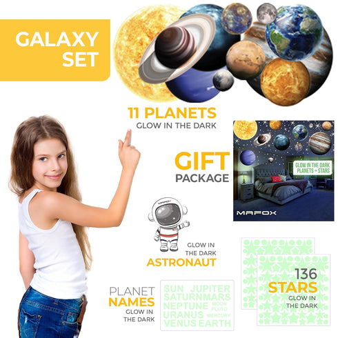 Glow in The Dark Planets, Bright Solar System Wall Stickers, 9 Glowing Ceiling Decals for Kids' Room Decoration