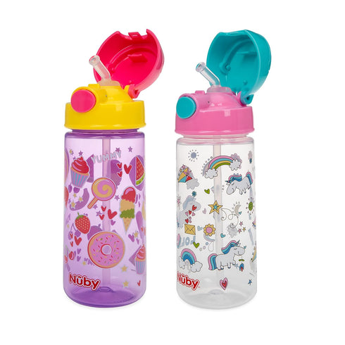Nuby 2-Pack Kid’s Printed Flip-it Active Water Bottle, 18oz / 540ml with Push Button Cap, 18+ Months