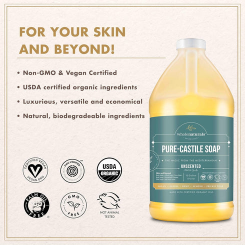 '-Pack 2 WHOLENATURALS Pure Castile Soap Liquid, EWG Verified & Certified Palm Oil Free Unscented, Natural, Mild