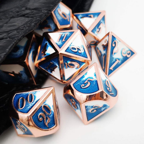 Haxtec Metal DND Dice Set, Copper Blue White D&D Dice with Leather Bag for Dungeons and Dragons RPG