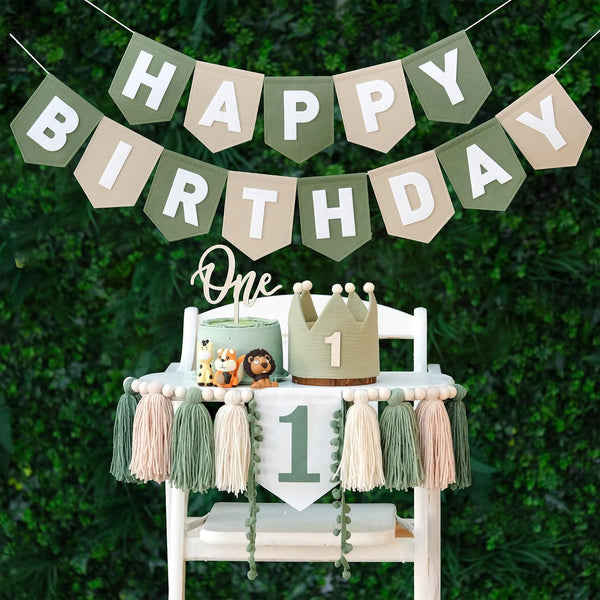 DCJHFJ Wild One High Chair Banner Felt Green Happy Birthday Banner Pre-Strung
