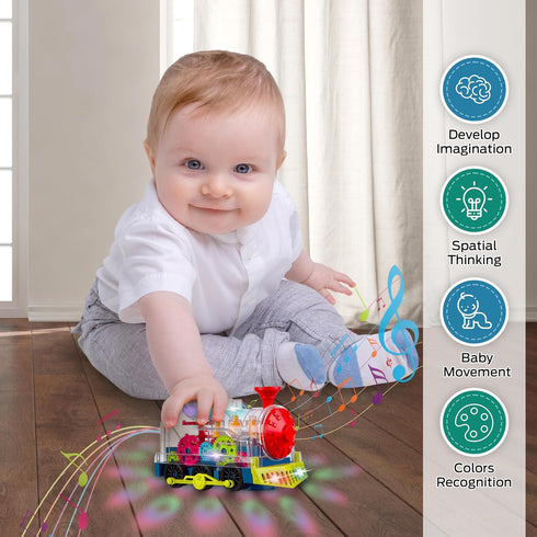 Music Train Toy with LED Light - Colorful Moving Transparent Gears for Kids, Tummy Time Crawling Baby Toys