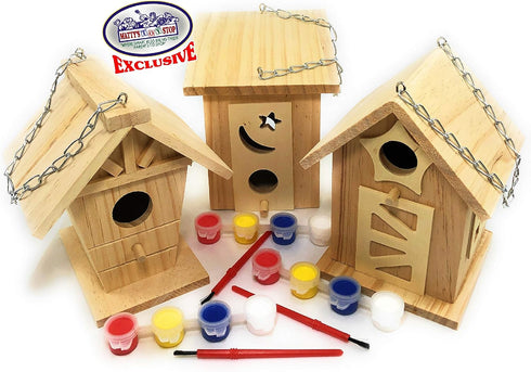 Matty's Toy Stop Paint Your Own Small Wooden Birdhouses - Gift Set Bundle (Includes Paints & Brushes) - 3 Pack