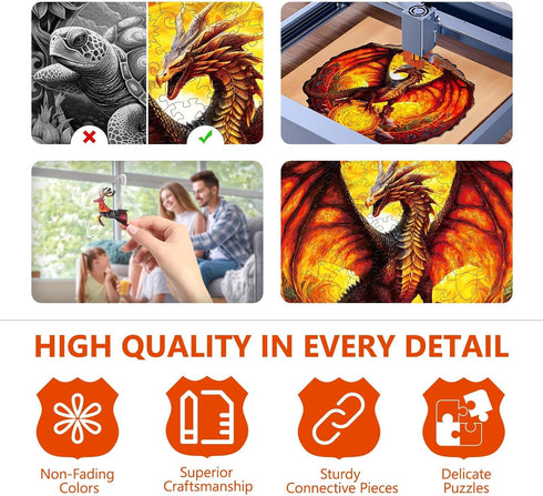 Fiery Dragon Wooden Puzzles for Adults, Unique Shaped Jigsaw Puzzles, 290 Pieces 13.6 x 13.2in, Large Gift